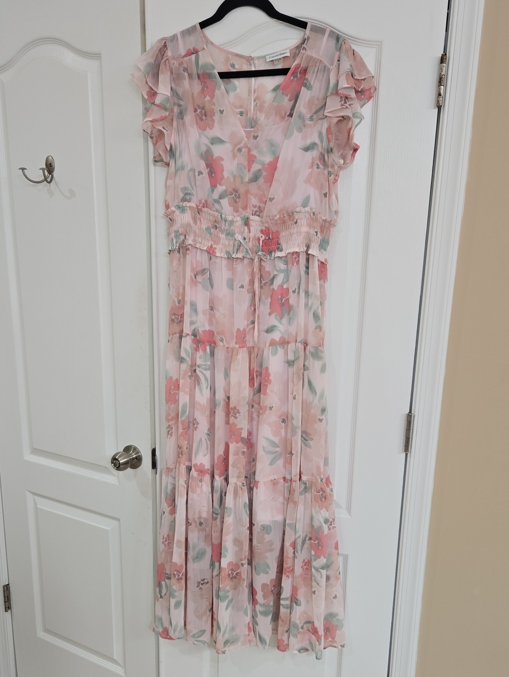 Calvin Klein Blush Pink Floral Tiered Maxi Dress